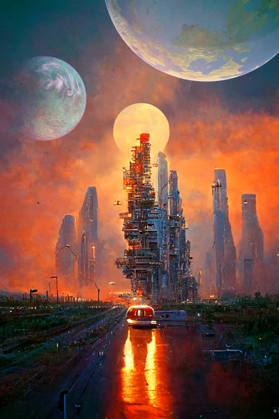 Futuristické Město Noci Mimozemský Planetární Systém Vykreslování Digitální Malba — Stock fotografie
