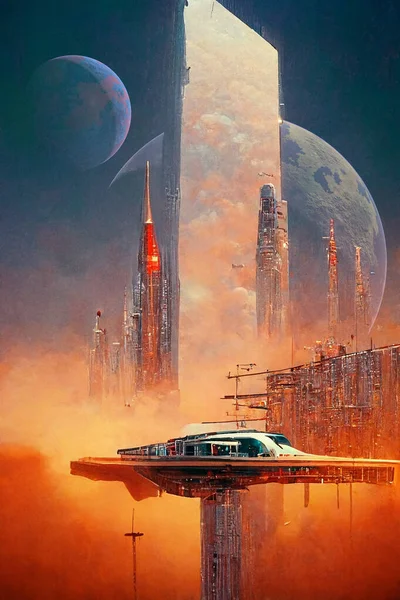 Nave Espacial Ciudad Futurista Sistema Planetario Alienígena Render Pintura Digital — Foto de Stock