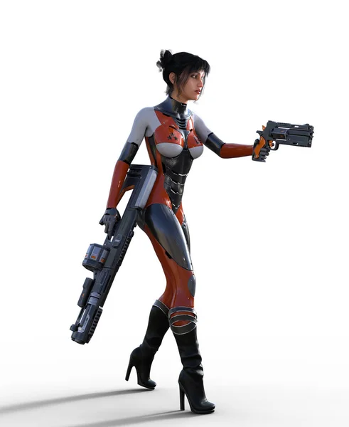 Futuristic Woman Soldier Armed Gun Plasma Rifle Rendering Stock Photo