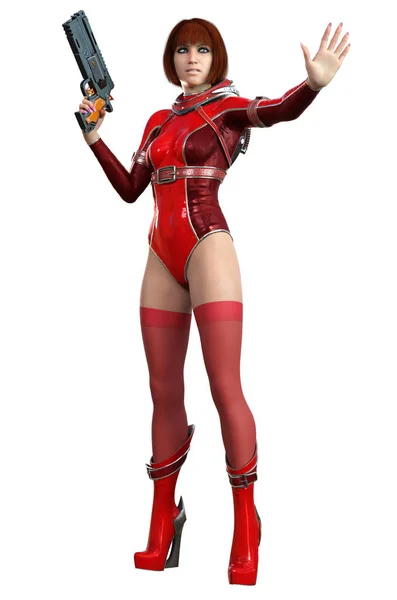 Menina Futurista Vestido Vermelho Com Arma Renderização — Fotografia de Stock