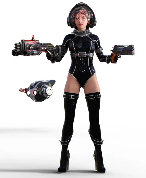 Futurista Mulher Guerreira Uniforme Preto Com Rifle Arma Render — Fotografia de Stock