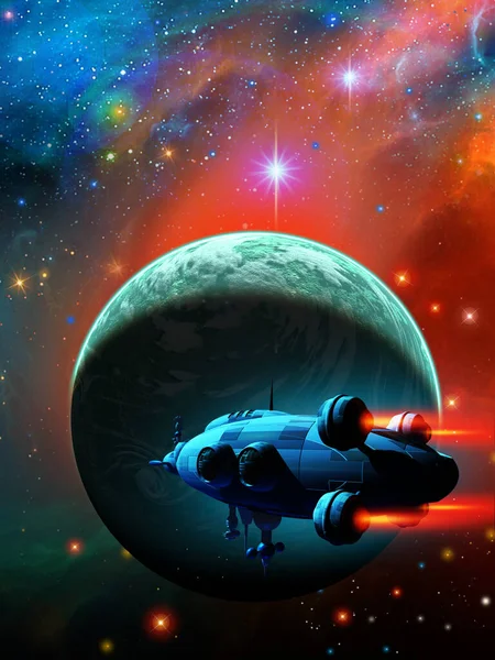 Raumschiff Und Planet Darstellung — Stockfoto