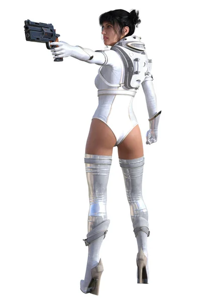 Guerrera Chica Vestido Blanco Con Pistola Renderizado — Foto de Stock