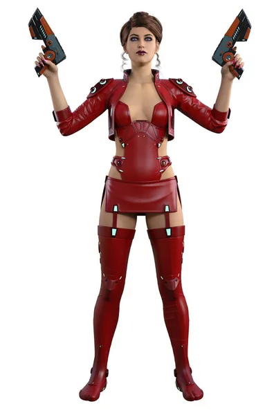 Cyberpunk Πολεμιστής Μια Κόκκινη Στολή Οπλισμένος Όπλα Εικονογράφηση Εικόνα Αρχείου