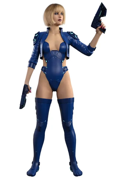 Φουτουριστική Πολεμίστρια Οπλισμένη Όπλα Μπλε Στολή Τρισδιάστατη Απεικόνιση — Φωτογραφία Αρχείου