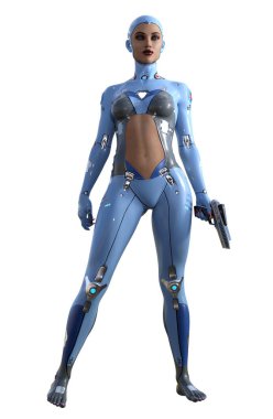 Üniformalı gelecekçi savaşçı, silahlı, 3D görüntülü.