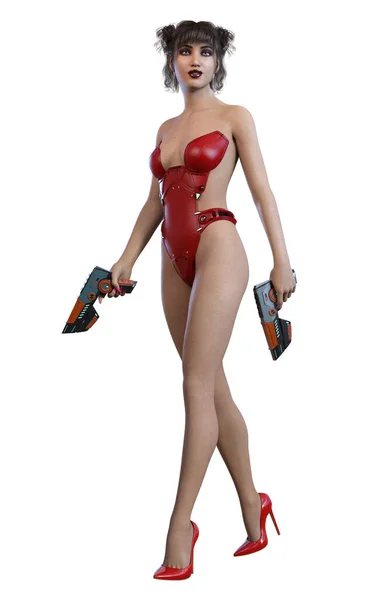 身穿红色连衣裙和鞋子 手持枪支的未来派女性 3D插图 — 图库照片