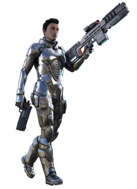 Metalik zırhlı, tüfekli ve silahlı, 3D görüntülü gelecekçi asker.