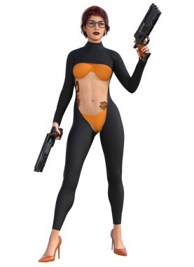 Silahlı fütürist savaşçı kadın, 3D çizim.