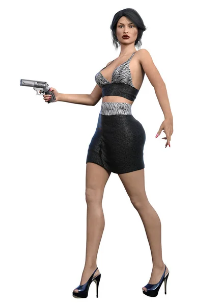 Приваблива Жінка Пістолетом Чорній Сукні Взутті Рендеринг — стокове фото