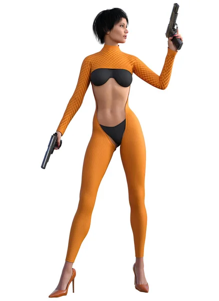 Futuristische Krijger Vrouw Gewapend Met Pistool Illustratie Zwart Oranje Jurk — Stockfoto