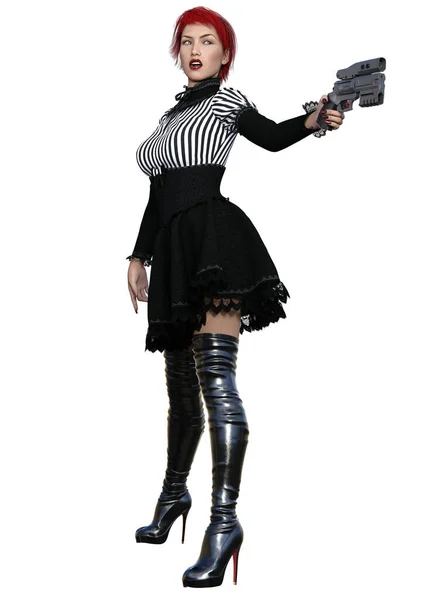 Mujer Vestido Oscuro Botas Tacón Alto Armado Con Pistola Rendering — Foto de Stock