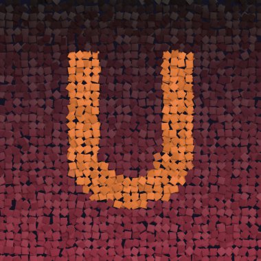 3d alfabe, koyu arkaplan üzerinde turuncu bir U harfi, mozaik etki, büyük harf