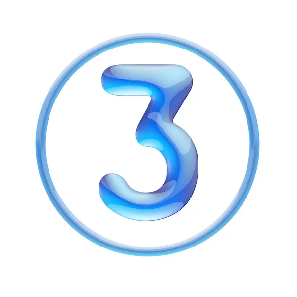 Blauw Glanzend Alfabet Bellen Witte Achtergrond Illustratie Nummer Drie — Stockfoto