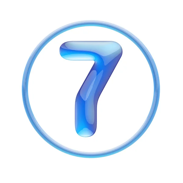 Blauw Glanzend Alfabet Bellen Witte Achtergrond Illustratie Nummer Zeven — Stockfoto