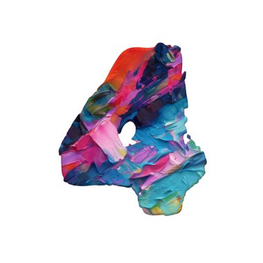 Palet bıçağından yapılmış numaralar yağlı boya, beyaz arkaplan, üç boyutlu çizim, dört.