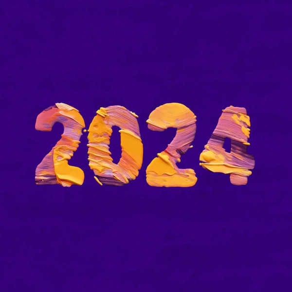 2024 Neujahr Farbtupfer Mit Palettenmesser Effekt Auf Blauem Grunge Hintergrund — Stockfoto