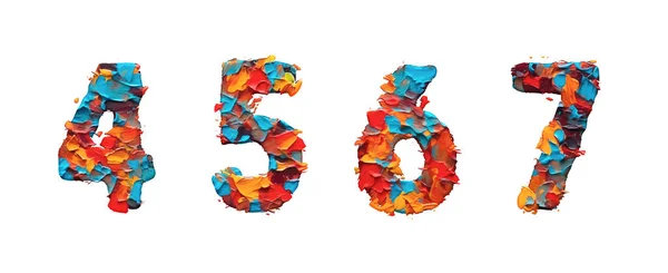 Символы Числа Всплески Цветов Эффектом Мастихина Рендеринг Белый Фон 4567 — стоковое фото