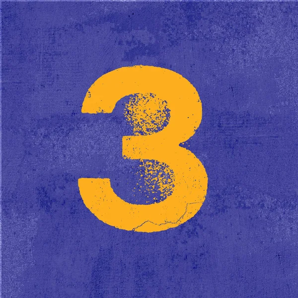 Yellow Number Three Scratched Effect Blue Grunge Background Rendering — Stock Photo, Image