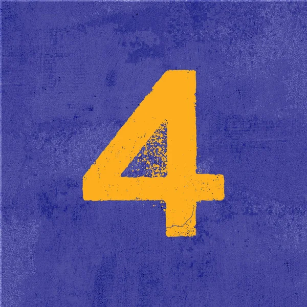Yellow Number Four Scratched Effect Blue Grunge Background Rendering — Stock Photo, Image