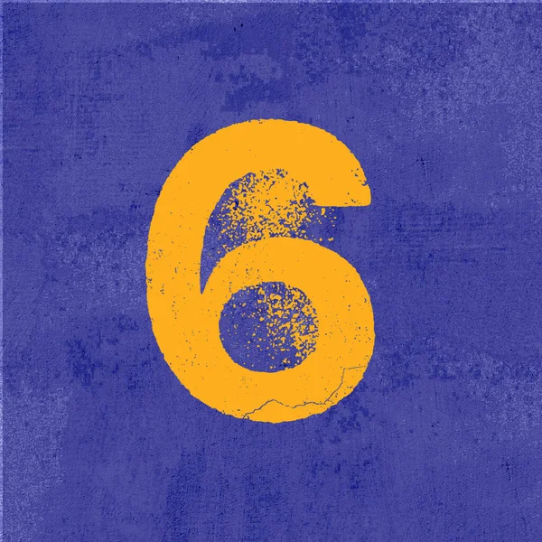 Žluté Číslo Šest Poškrábaným Efektem Modrém Pozadí Grunge Vykreslování — Stock fotografie
