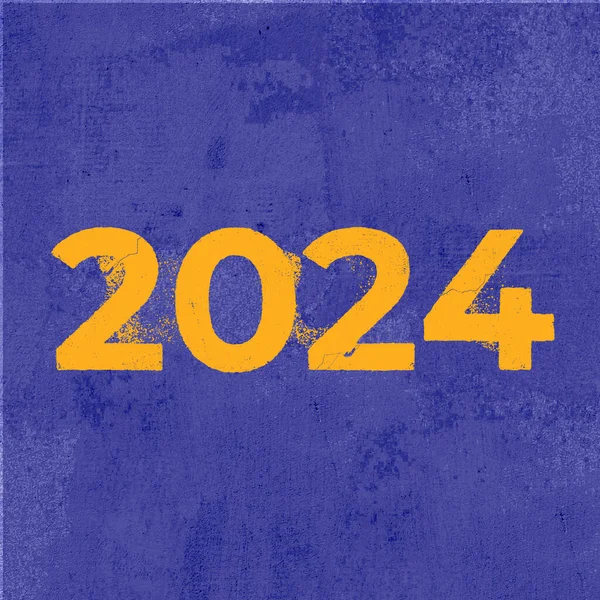 2024 Nieuwjaar Gele Cijfers Met Gekrast Effect Een Blauwe Grunge — Stockfoto