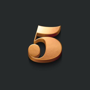 Koyu arkaplanda 3D altın sayılar ve semboller seti, 3D görüntüleme, beş