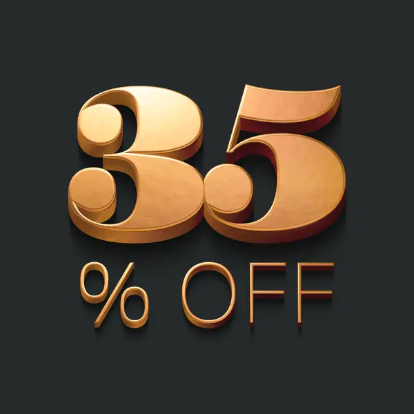 set of golden numbers and letters on dark background, discount,  35 percent off, 3d render