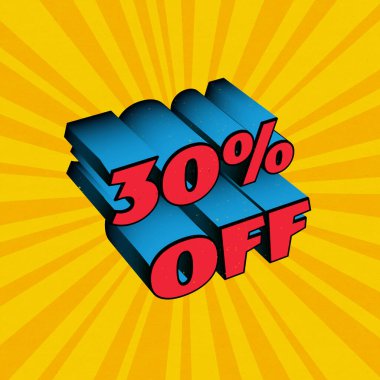 Turuncu arka planda çok renkli 3D kelimeler, 3D yorumlama, indirim,% 30 indirim.