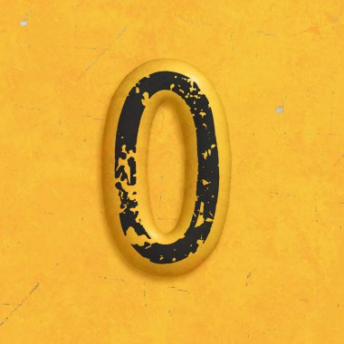 Sarı zemin üzerinde kabartmalı siyah sayılar ve semboller, grafik tasarımı ve harfleri, 3D görüntüleme, sıfır