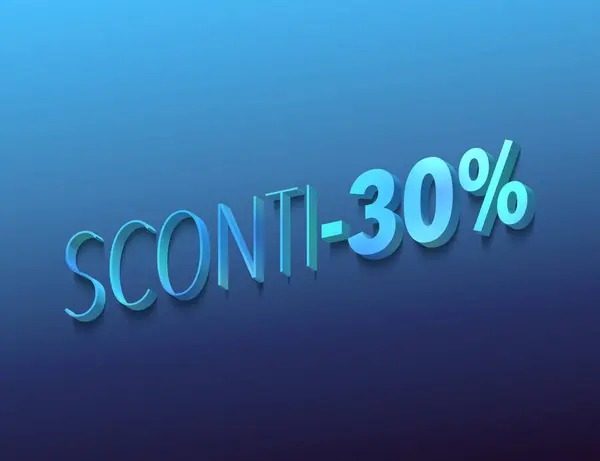 sconti -30%, italian words for 30 percent off, discount, sale, 3d rendering, blue letters and numbers on dark blue background
