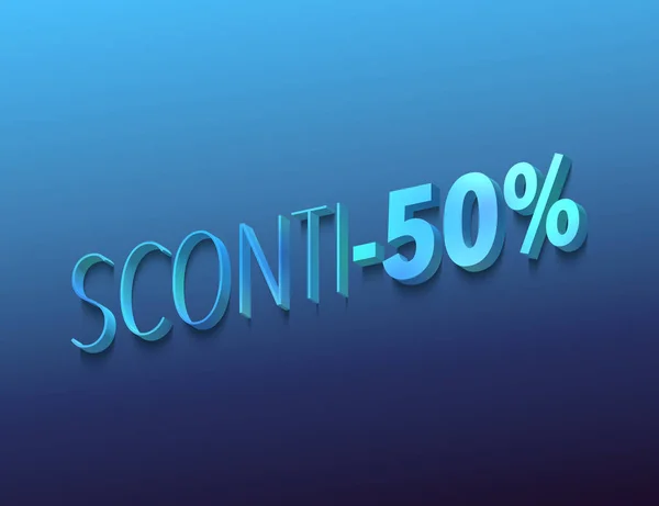 sconto -50%, italian words for 50 percent off, discount, sale, 3d rendering, blue letters and numbers on dark blue background