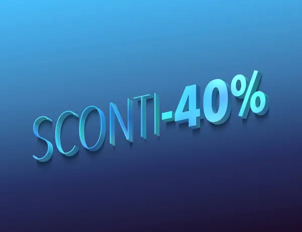 sconto -40%, italian words for 40 percent off, discount, sale, 3d rendering, blue letters and numbers on dark blue background