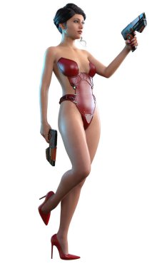 3D fütürist bir kadının kırmızı elbiseli ve ayakkabılı, silahlı, bilim kurgu çizimleri.