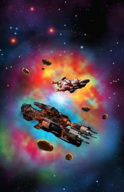 Asteroit ve yıldızlı nebuladaki uzay gemileri, 3 boyutlu illüstrasyon