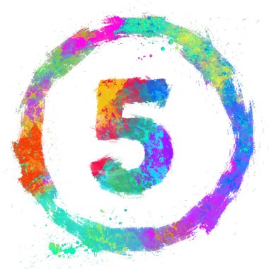 Bir çemberin içindeki çok renkli grunge numaraları seti, dijital resim, çizim tarzı, beş