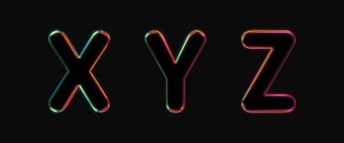 Çok renkli kabartma hatlı siyah 3D harfler kümesi, siyah arkaplan, 3D görüntüleme, xyz