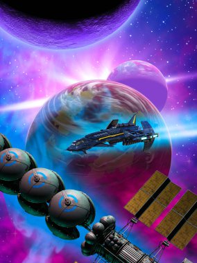 Yabancı bir gezegen sistemindeki uzay gemisi ve uzay istasyonu, 3D görüntüleme