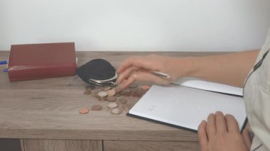 Tanınmayan yüzü olan biri bozuk paraları sayıyor ve not defterine not alıyor. Sadece kolları görünüyor.