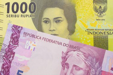 Brezilya 'dan gelen pembe ve mor beş banknotun makro görüntüsü Endonezya' dan gelen yeşil bin banknotla eşleştirildi. Makro çekimde yakın çekim.