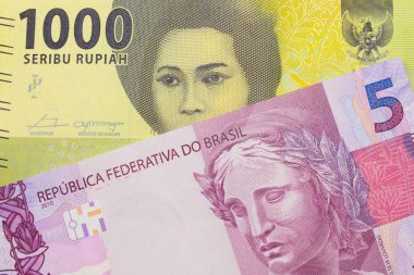 Brezilya 'dan gelen pembe ve mor beş banknotun makro görüntüsü Endonezya' dan gelen yeşil bin banknotla eşleştirildi. Makro çekimde yakın çekim.