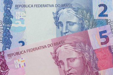 Brezilya 'dan gelen pembe ve mor beş banknotun makro görüntüsü ile Brezilya' dan gelen iki gerçek banknot eşleştirildi. Makro çekimde yakın çekim.