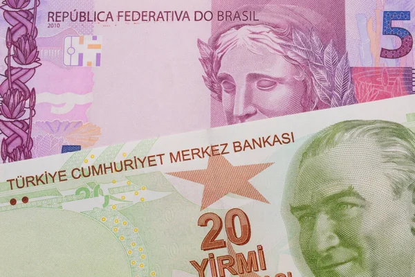 Une Image Macro Billet Banque Rose Violet Cinq Vraies Brésil — Photo