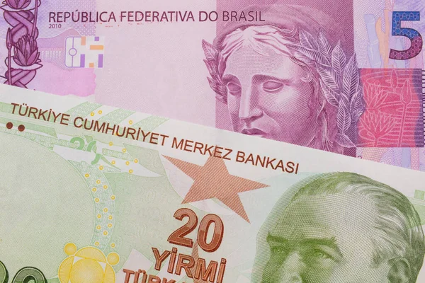 Brezilya Dan Gelen Pembe Mor Beş Banknotun Makro Görüntüsü Lira — Stok fotoğraf