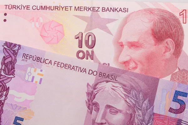 Macro Immagine Una Banconota Cinque Real Dal Brasile Rosa Viola — Foto Stock