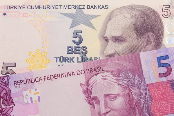 Brezilya Dan Gelen Pembe Mor Beş Banknotun Makro Görüntüsü Türkiye — Stok fotoğraf