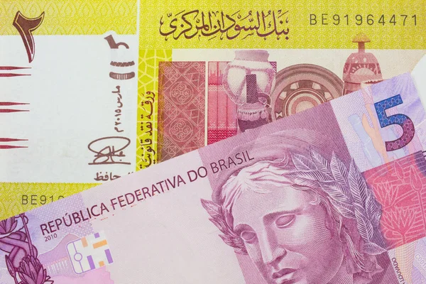 Makro Obraz Růžové Fialové Pětikilové Bankovky Brazílie Spárované Zelenou Dvoulibrovou — Stock fotografie