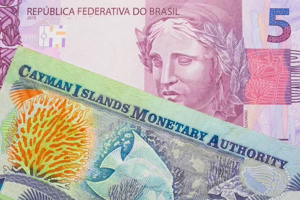 一张巴西面额为粉色和紫色的5张真实钞票的宏观图片 与开曼群岛面额为1美元的彩色钞票搭配在一起 在宏观上拍的特写 — 图库照片