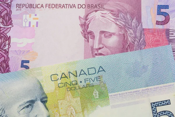 브라질에서 발행되는 분홍색 보라색 지폐의 매크로 이미지와 캐나다 달러짜리 지폐가 — 스톡 사진