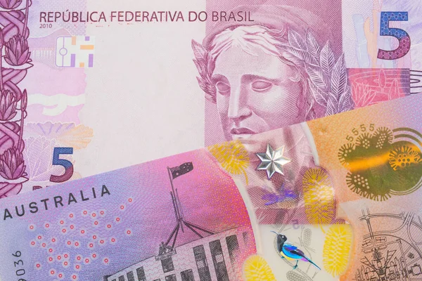 Una Imagen Macro Billete Cinco Reales Rosa Púrpura Brasil Emparejó — Foto de Stock